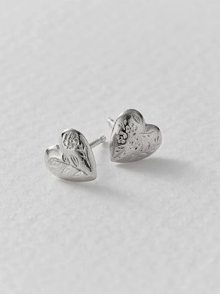Floral Engraved Heart Stud Earrings