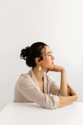 Mini Beige Leather & Brass Stacked Half Moon Dangle Earrings: 14k Gold Fill Hooks