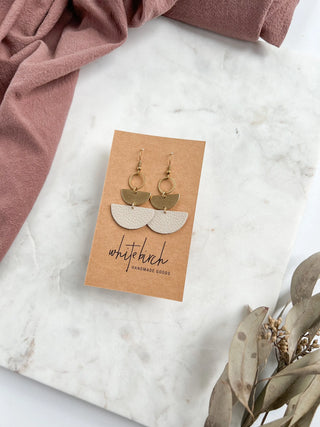 Mini Beige Leather & Brass Stacked Half Moon Dangle Earrings: 14k Gold Fill Hooks