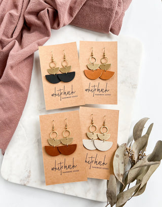 Mini Beige Leather & Brass Stacked Half Moon Dangle Earrings: 14k Gold Fill Hooks