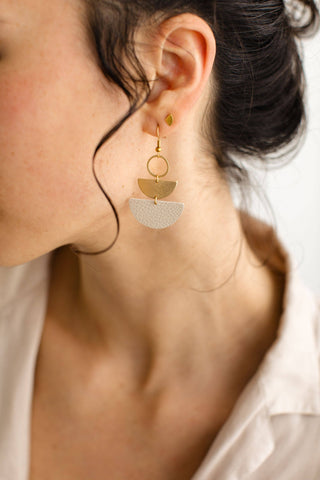 Mini Beige Leather & Brass Stacked Half Moon Dangle Earrings: 14k Gold Fill Hooks
