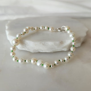 Mixed White Pearl Bracelet With Green Cord