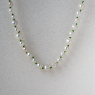 Mixed White Pearl Necklace With Green Cord