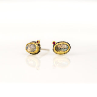 Rosecut Labradorite and Ruby Stud Earrings
