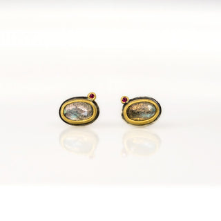 Rosecut Labradorite and Ruby Stud Earrings