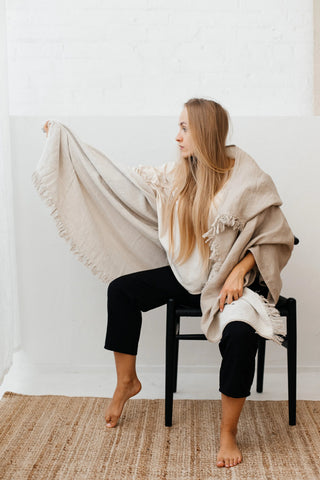 Salina Double Sided Linen Throw  - Tan Ivory