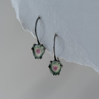 Sterling Silver Watermelon Tourmaline Slice Drop Earrings