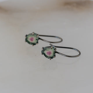 Sterling Silver Watermelon Tourmaline Slice Drop Earrings