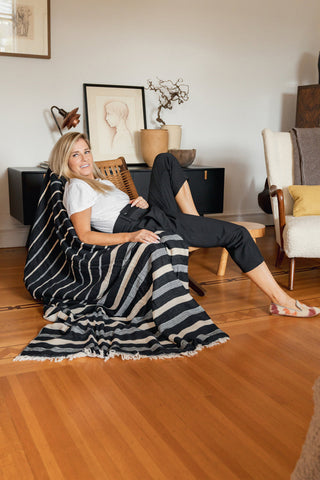 The Winslow | Striped Linen Blend | Black - Fleece Throw