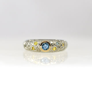 Blue and Yellow Sapphire Etched in Time Ring