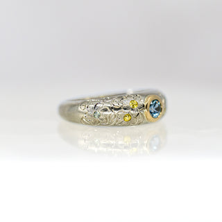 Blue and Yellow Sapphire Etched in Time Ring