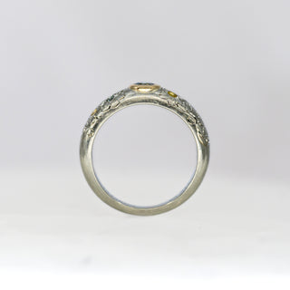 Blue and Yellow Sapphire Etched in Time Ring