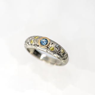 Blue and Yellow Sapphire Etched in Time Ring
