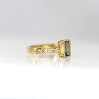 Cushion Teal Sapphire Etched in Time Ring