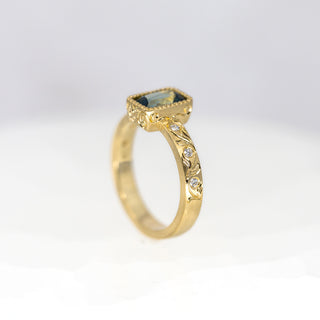 Cushion Teal Sapphire Etched in Time Ring