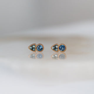 Duo Teal Sapphire Rose Gold Stud Earrings