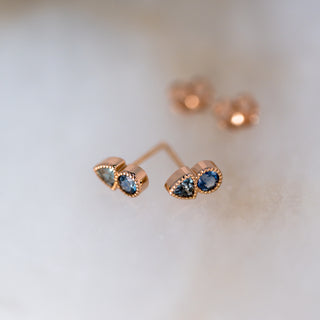 Duo Teal Sapphire Rose Gold Stud Earrings