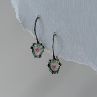 Sterling Silver Watermelon Tourmaline Slice Drop Earrings