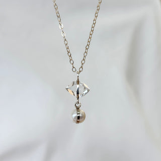 Bezel Wrapped Pearl & Herkimer Diamond Quartz Pendant