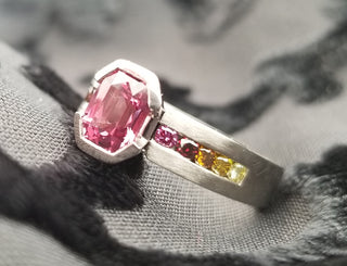 Contemporary Inspired Pink Spinel and Enhanced Colored Diamond Ring