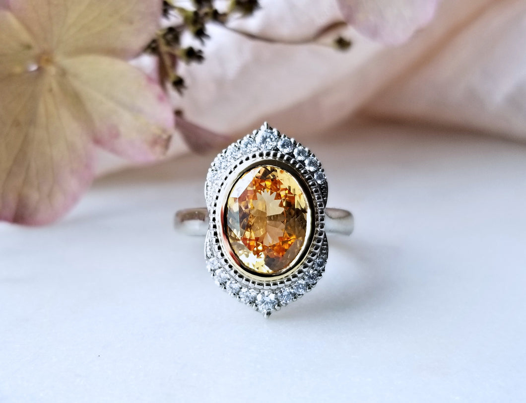 Modern Vintage Inspired Orange Sapphire and Diamond Ring