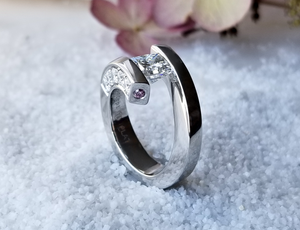 Hand Fabricated Contemporary Inspired Tension Set Diamond Ring with Pink Diamond Accents