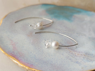 Herkimer Diamond & Pearl Wishbone Hoop Earrings
