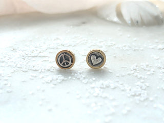 Bronze and Sterling Silver "Peace + Love" Studs