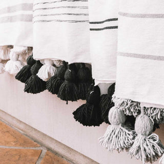 Moroccan Pom Pom Blanket - Double Black